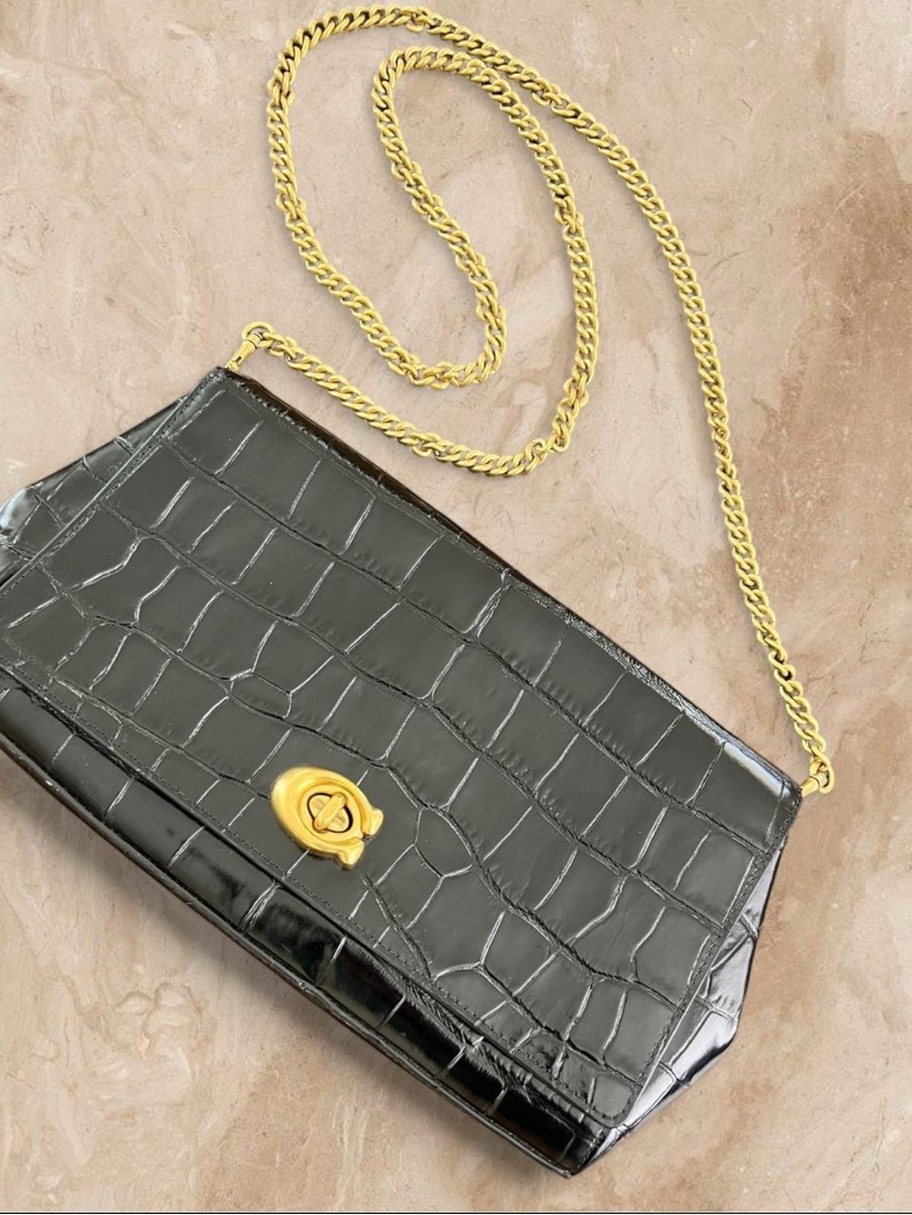 Like New Coach Alexa Black Croc Embossed Turnlock Clutch With Gold Chain Strap